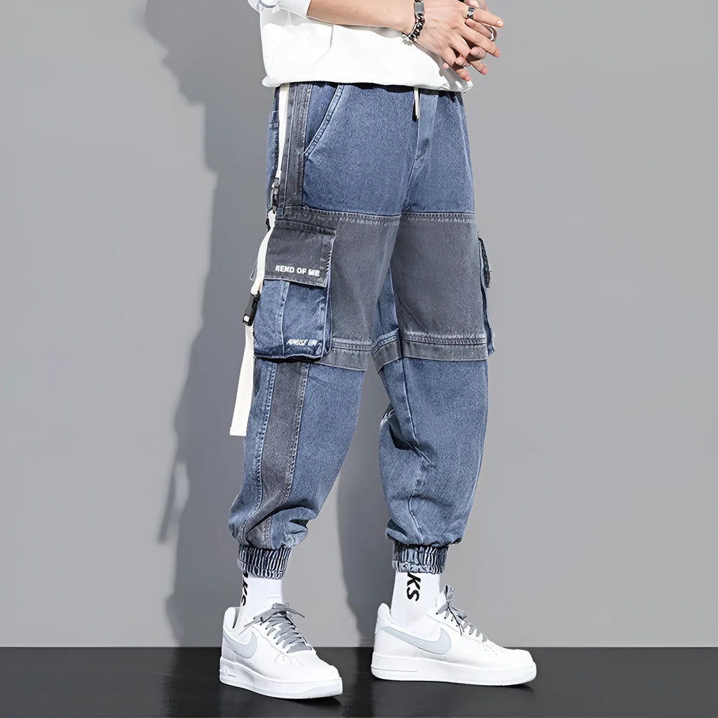 Men's loose hip-hop workwear jeans in gray blue, 99% polyester, size 2XL shown