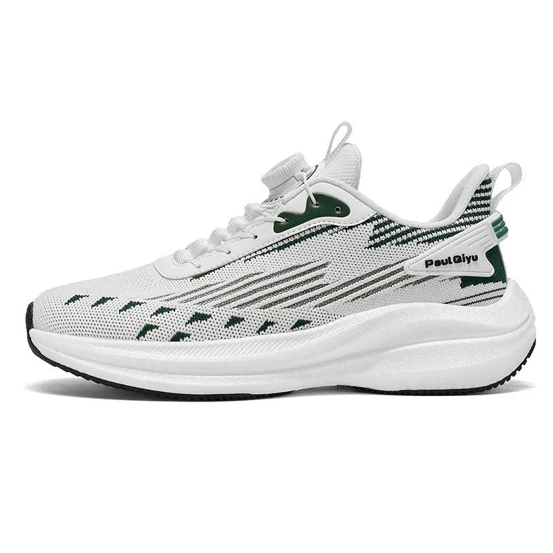 Men's white and green Fly-kit mesh running shoes with rotating buckle and TPU popcorn sole on a flat heel.