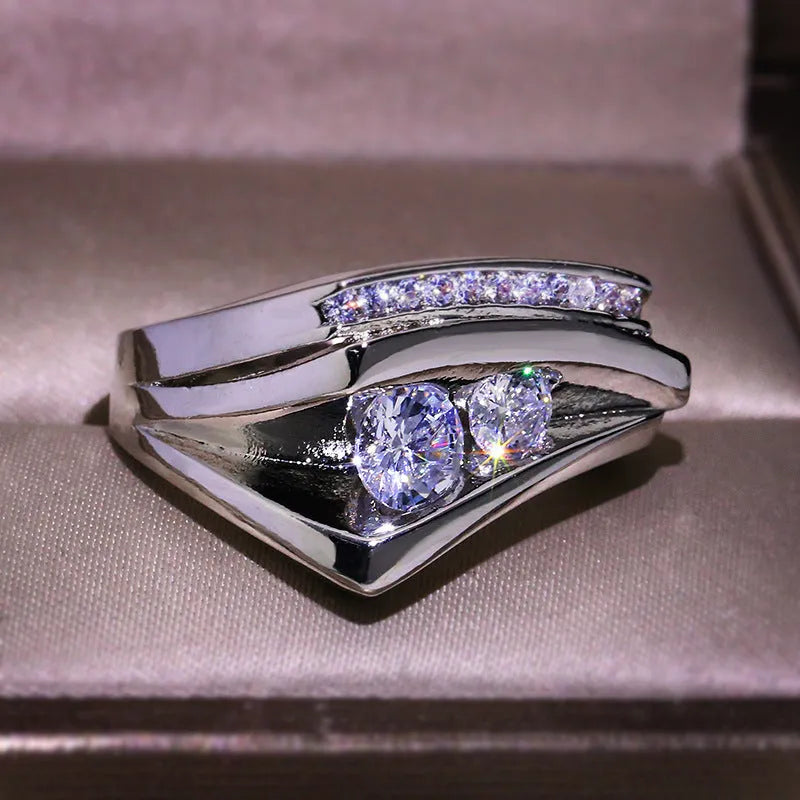 Women's geometric three-dimensional half-edge heart ring with micro inlaid zircon in brass electrical degree white steel