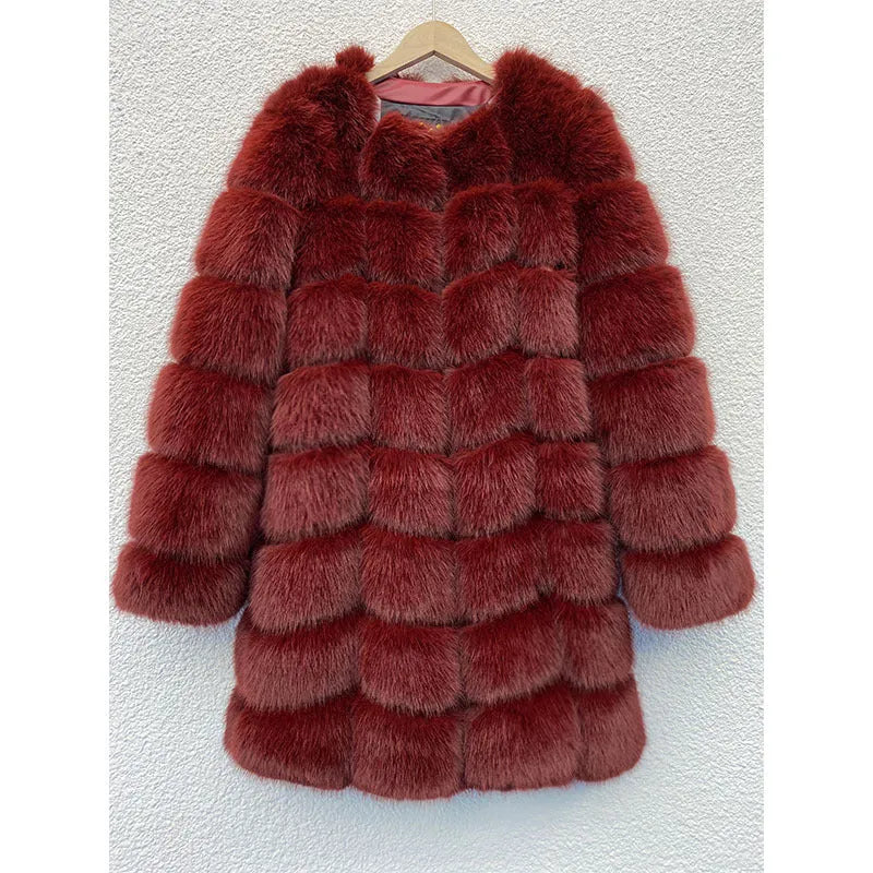 Women's long black artificial fur coat with regular sleeves, shown on a model.