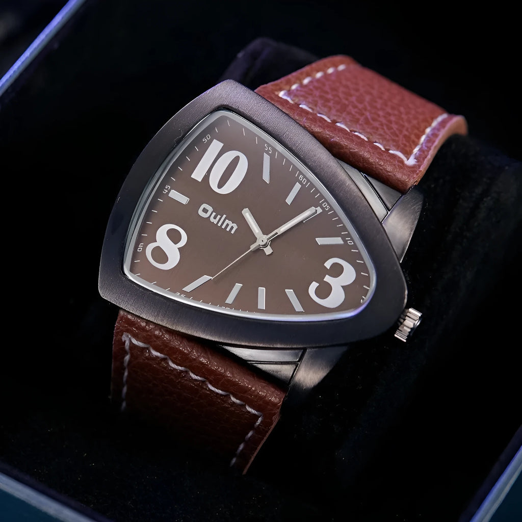 Men's casual brown watch with a triangular belt strap and slim profile.