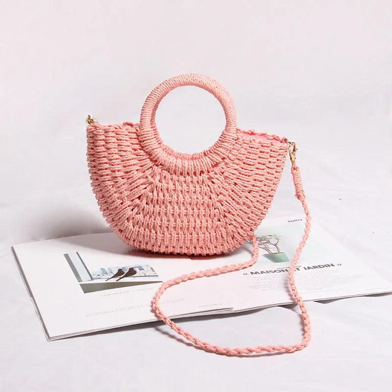 Seaside vacation beach mini straw bag in white with woven texture and open pocket design