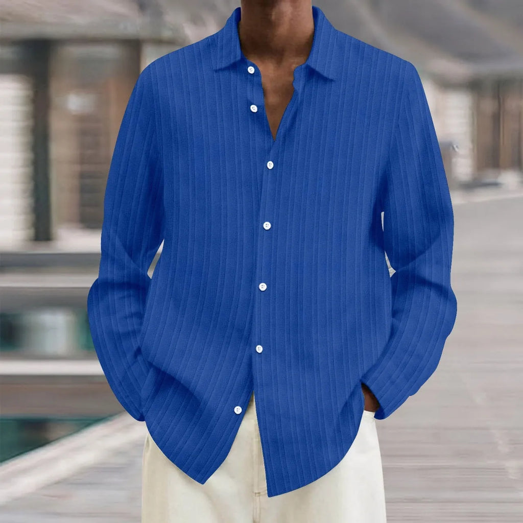 Men's striped British style cardigan with long sleeves in a loose fit.