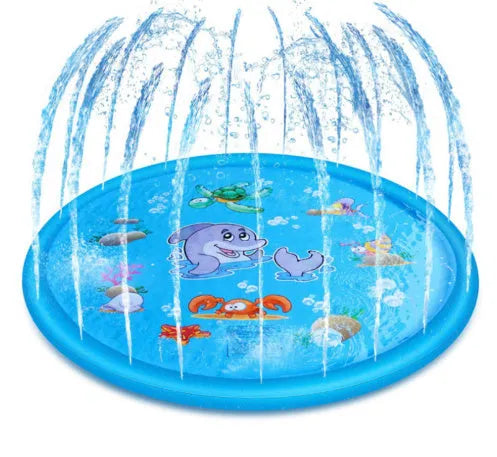 Blue PVC children's water spray pool mat with marine animal designs laid out on grass