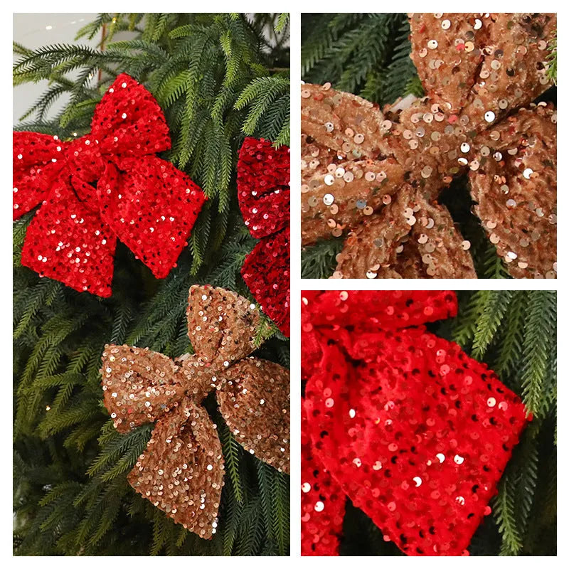 Polyester 25cm red paillette sequin bow Christmas decoration pendant hanging on a white background