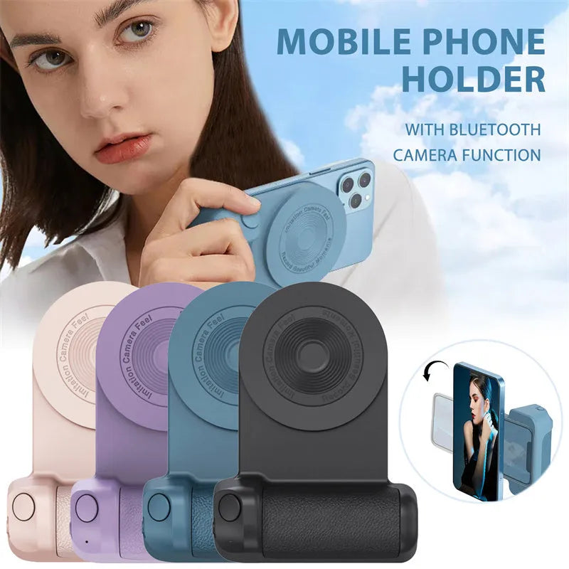 Black magnetic phone camera bracket with ergonomic PU leather handle on table