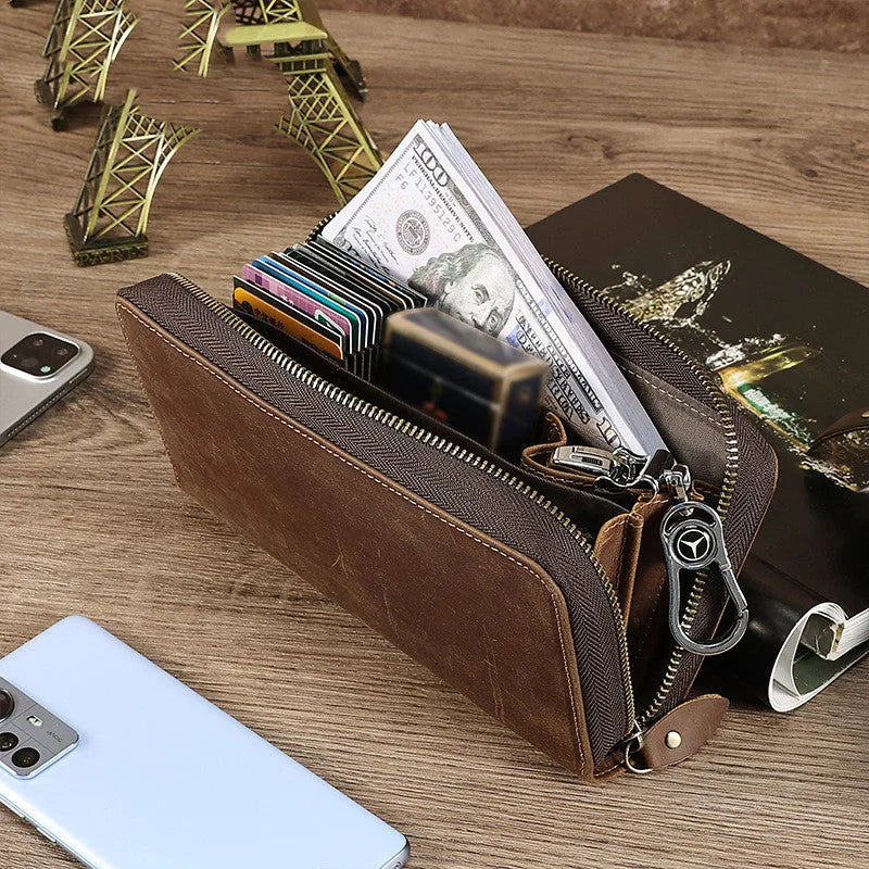 New long genuine leather wallet for men in brown solid colour retro style