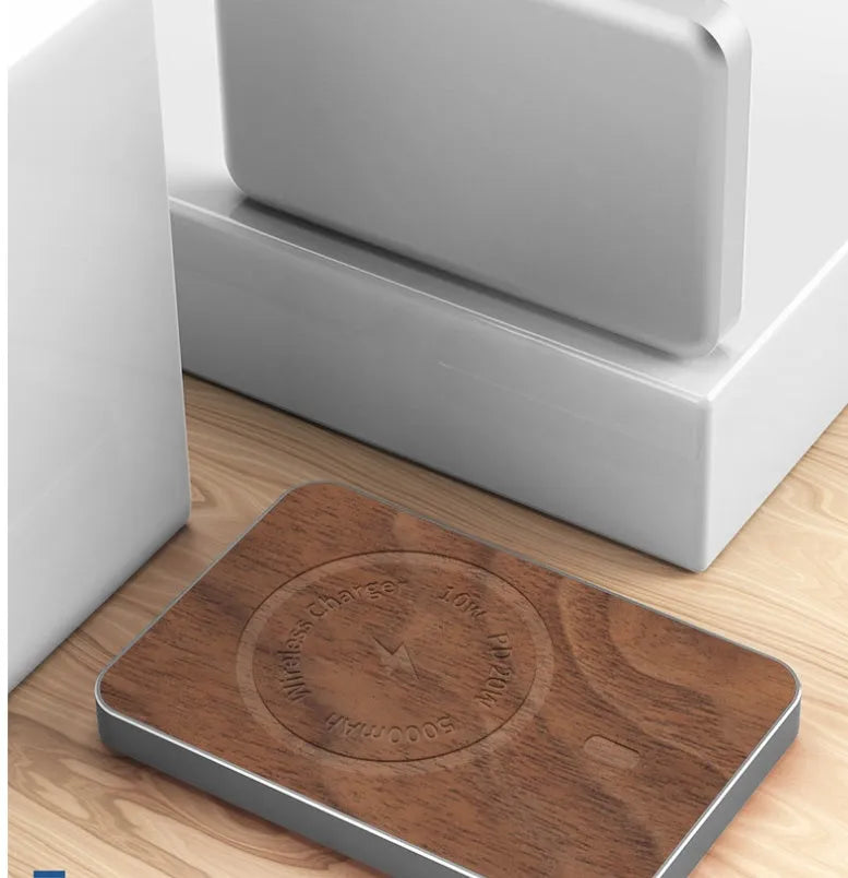 Khaki-coloured wireless magnetic charging bank with a 5000mAh capacity and alloy case.