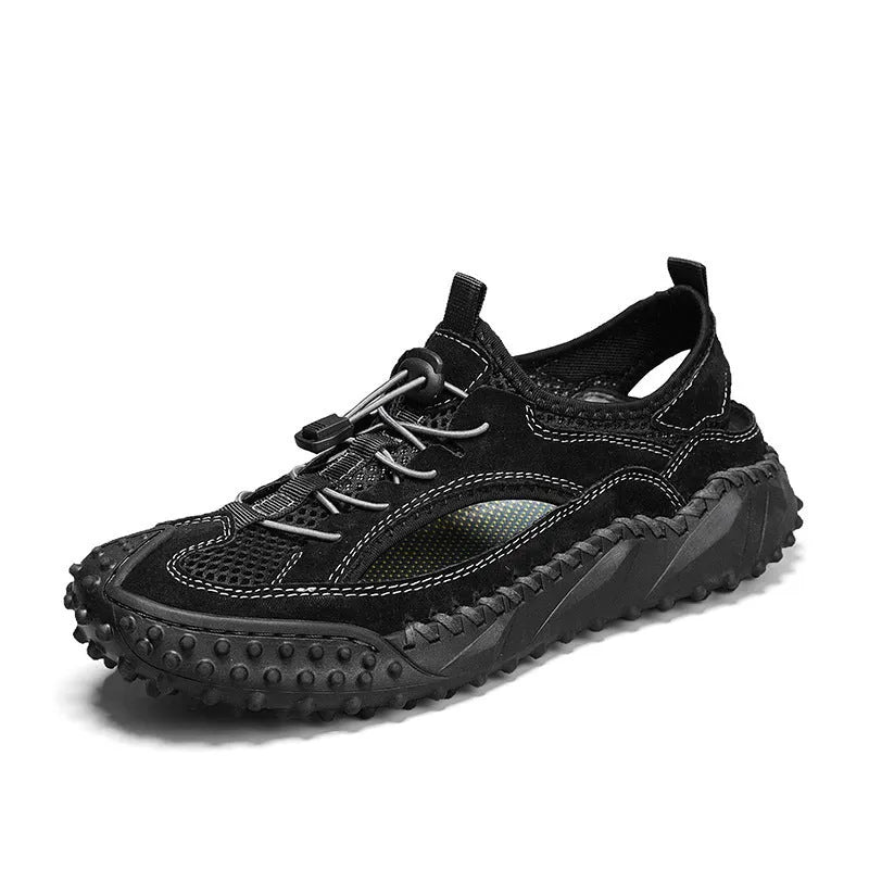 Men's black waterproof sports sandals with leather mesh upper and rubber sole