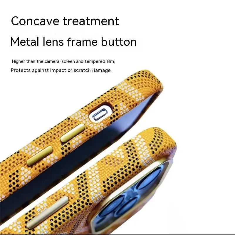 Leather phone case with magnetic suction, all-inclusive design, available in green, gold, pink, white, and black for Apple iPhone.