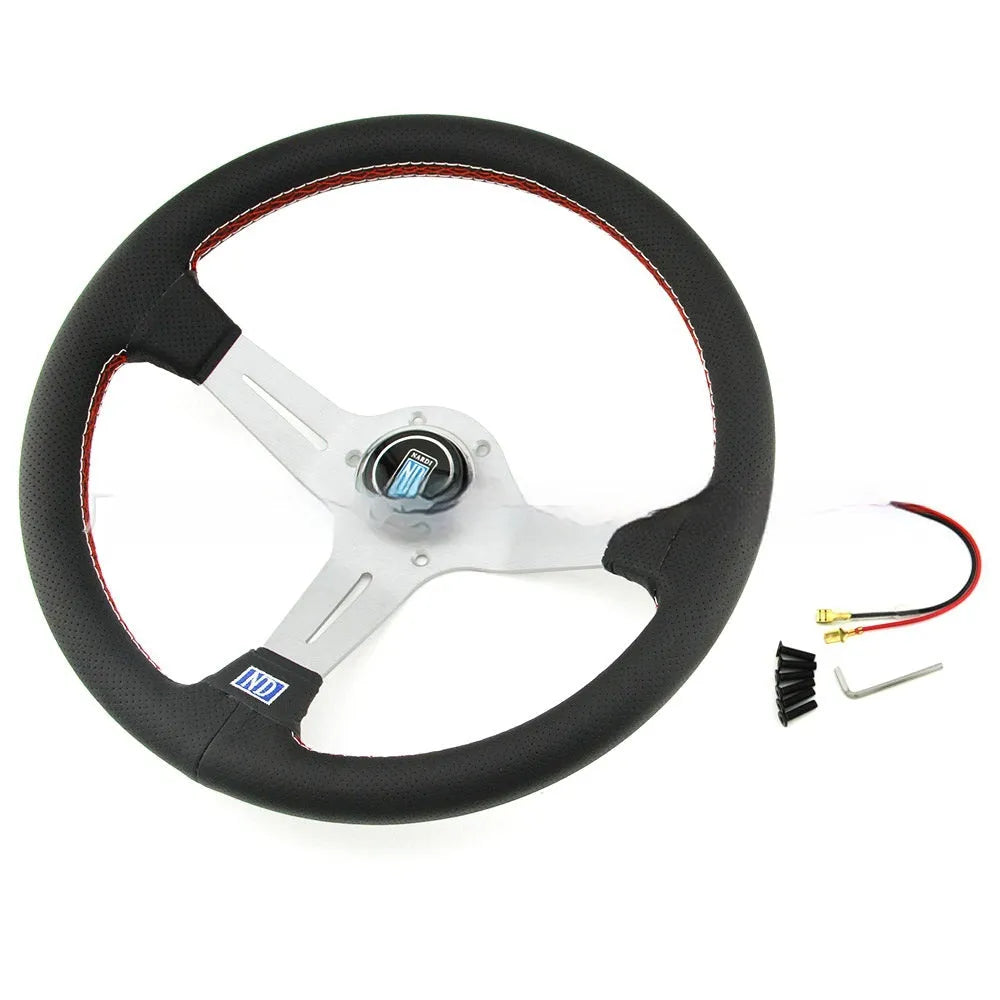14-inch leather steering wheel with middle concave design in silver black finish