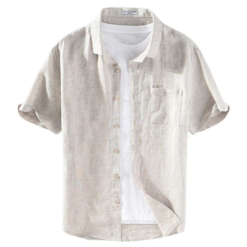 Men's linen shirt with square collar and short sleeves in raw jute colour