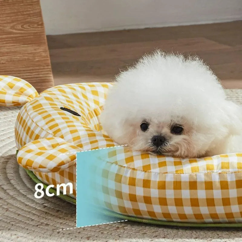 Green and yellow four-season dog cooling mat and pet bed in four sizes for small to extra-large dogs and cats.