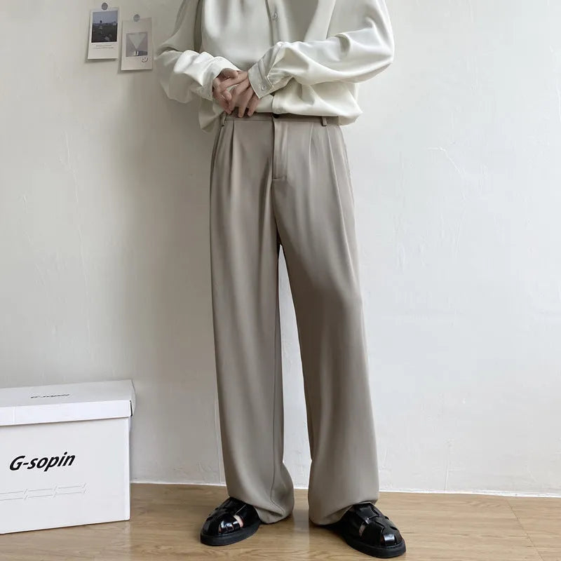 Men's loose straight casual trousers in solid white, black, or light grey polyester, sizes M to 2XL