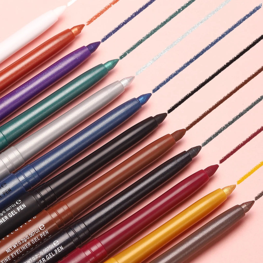 Set of 12 colourful gel glitter eyeliner pencils with various shades and effects for waterproof makeup