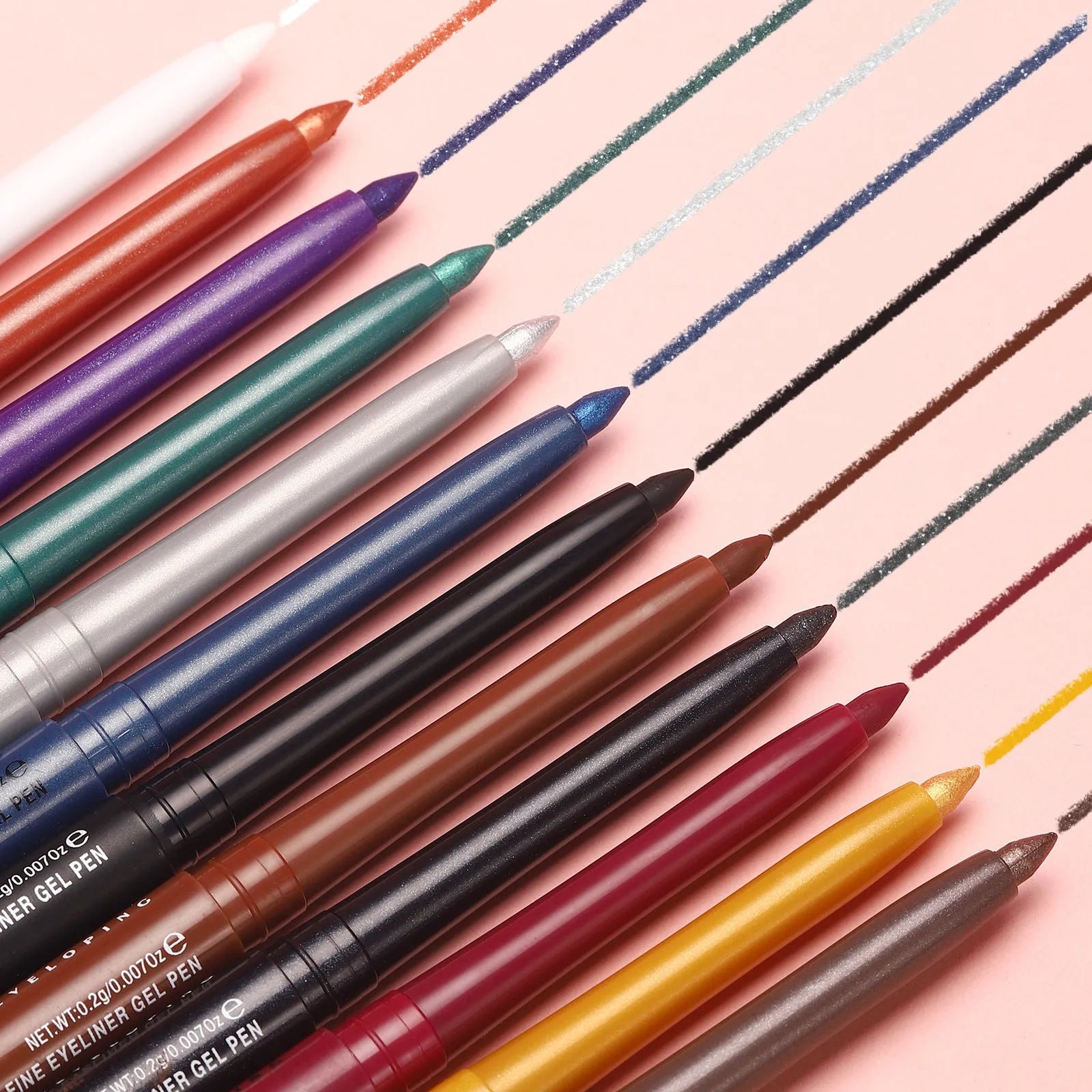 Set of 12 colourful gel glitter eyeliner pencils with various shades and effects for waterproof makeup