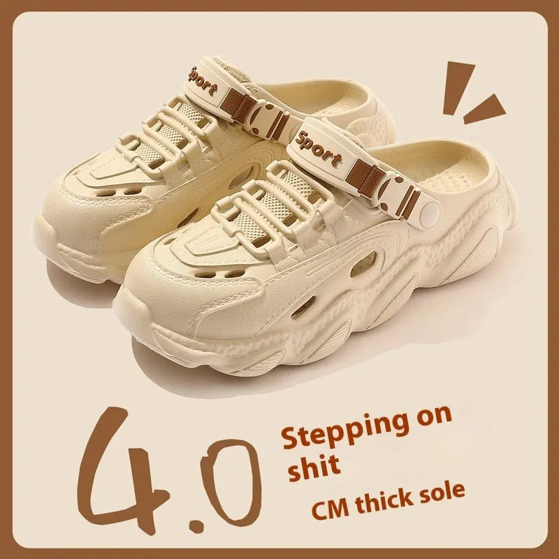 Men's khaki EVA outdoor slippers with hollow-out design on a stone patio.