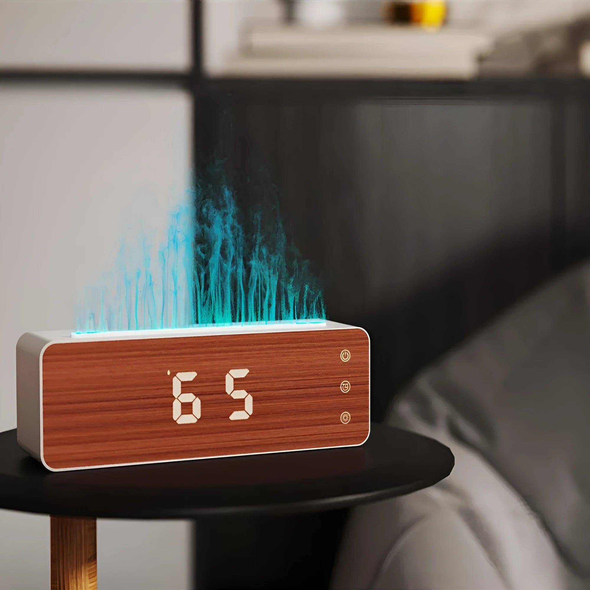 White flame humidifier with clock display on a desk, showing mist output