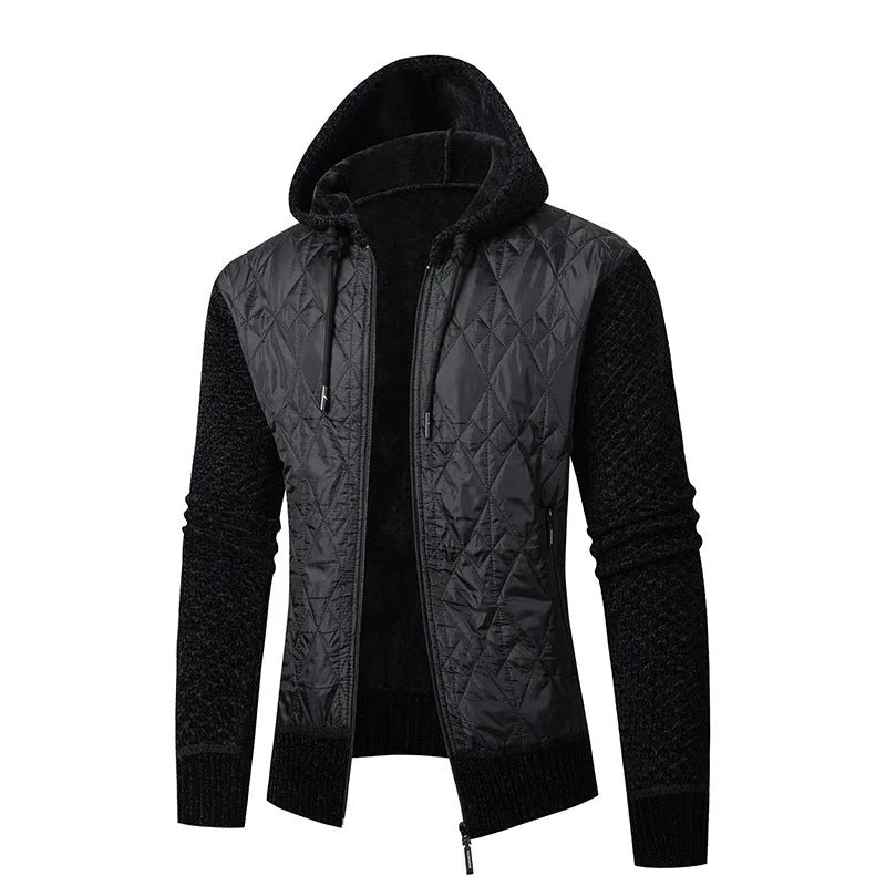 Men's grey hooded corduroy sweater coat with cinched waistline