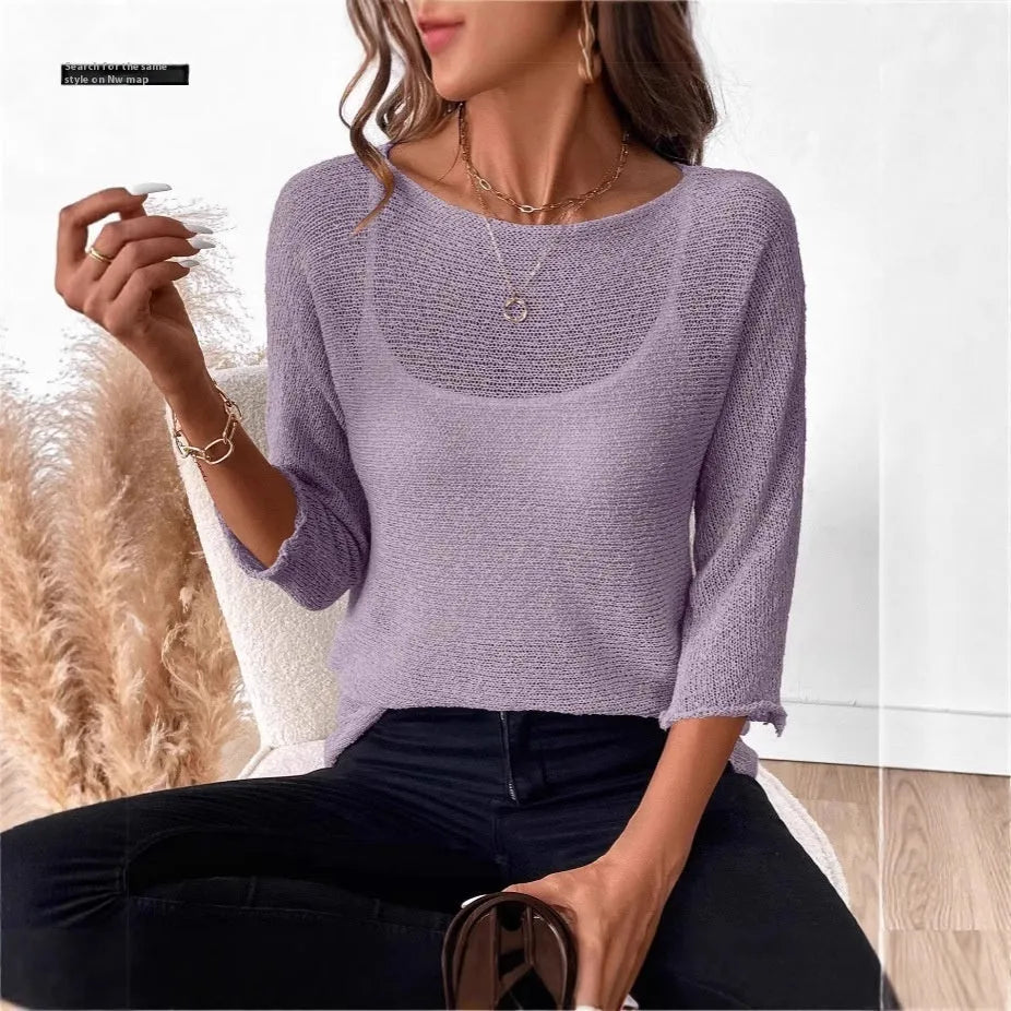 Women's off-shoulder knitted top in thin polyester with 3D pattern and 3/4 sleeves