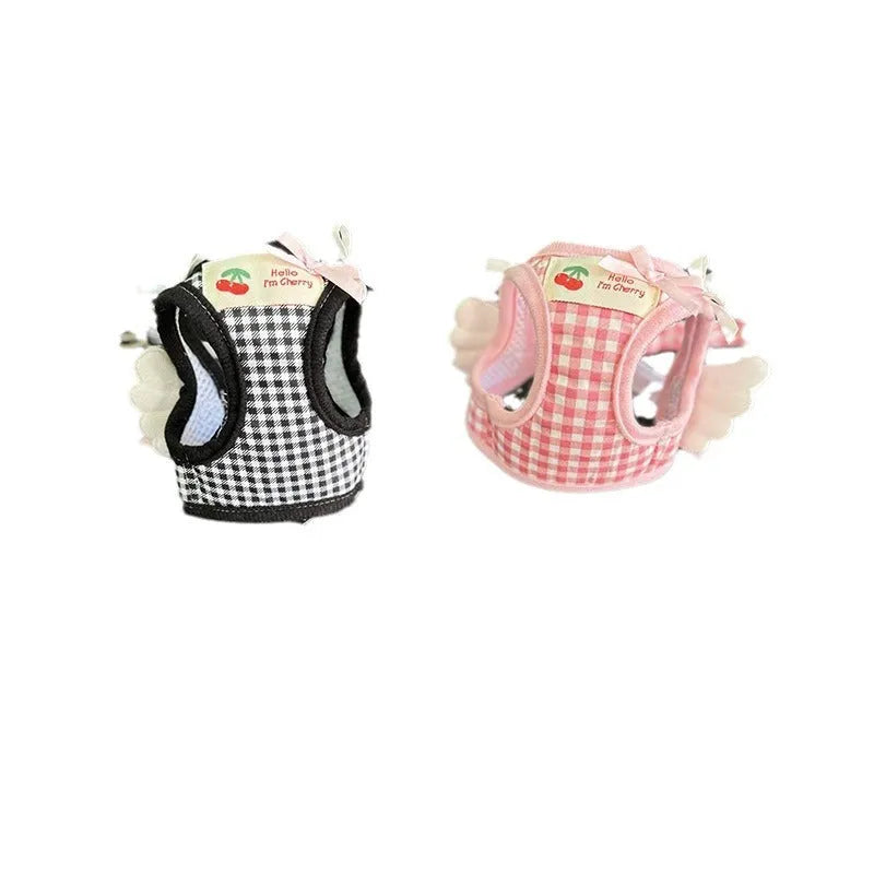 Cotton chest-back dog harness with integrated hand-holding rope for small dogs in pink or black