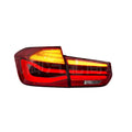 BMW 3 Series tail light assembly with streamer design and LED running lights for 2012-2015 models