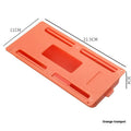 Small white plastic storage box with a lid and grid interior, mounted under a wooden table.
