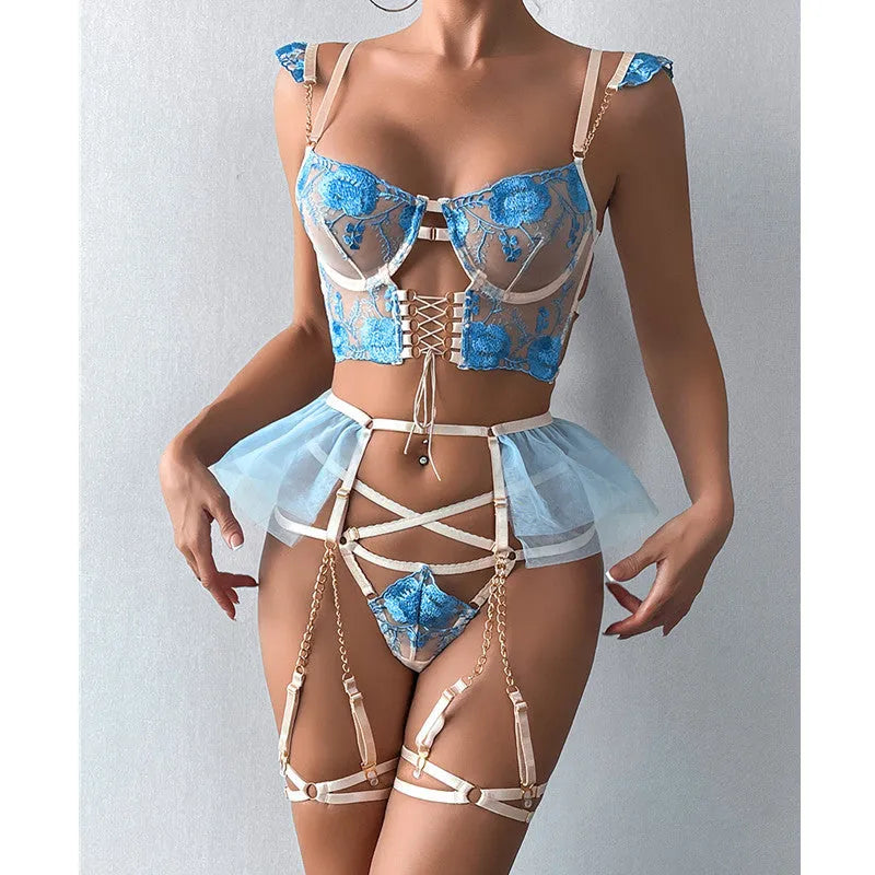 Women's light blue embroidered transparent push-up bra and matching knickers set with lace detailing