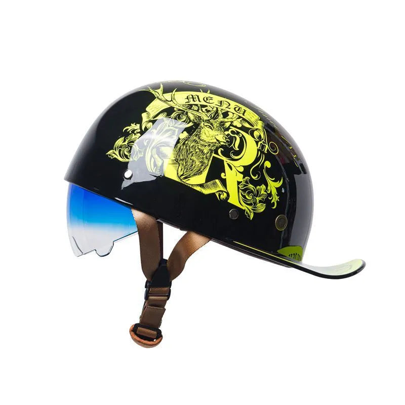 Mens retro half helmet for electric bicycles in bright black gradient blue colour with blue lens