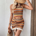 Orange sleeveless halter vest and short skirt two-piece set with striped pattern in polyester fibre