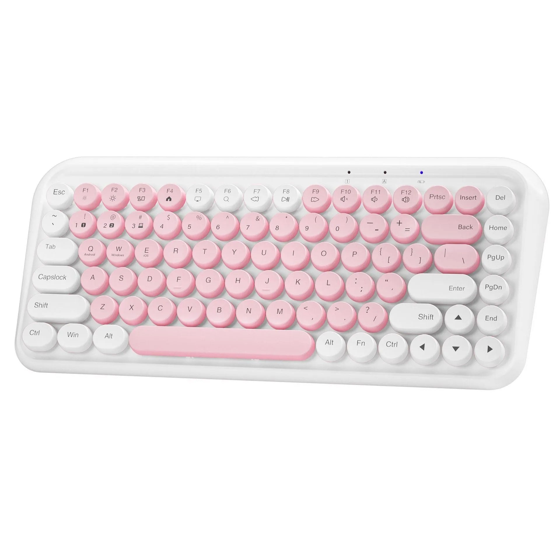 Pink wireless Bluetooth keyboard with 84 keys showing portable slim design