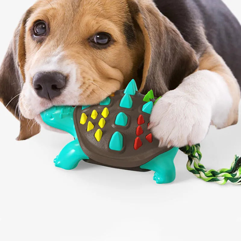 Natural rubber dog toothbrush chew toy with dinosaur knot tail in assorted colour options for dental care and tug-of-war play.