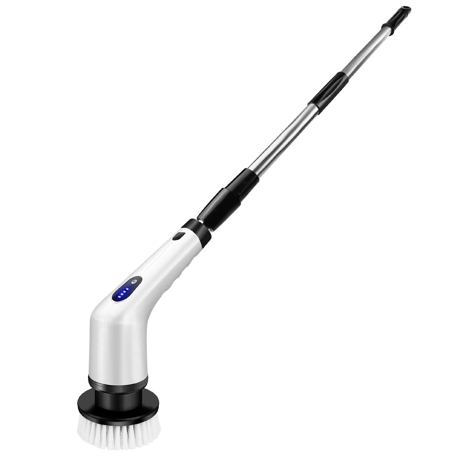 White handheld cleaning brush with lithium battery and multiple cleaning accessories