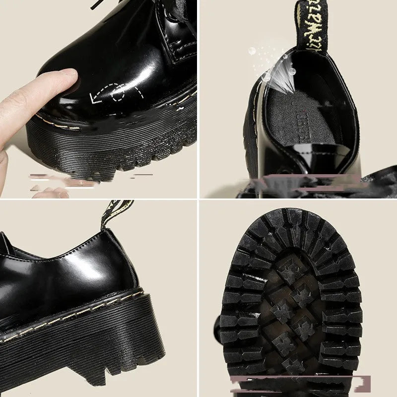 Black women's thick soled lace-up shoes with ribbon and cross strap detail on a superfine fibre upper.