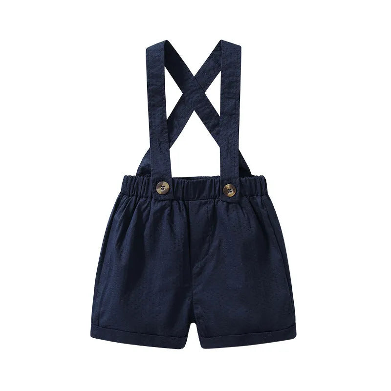 Children's blue plaid summer suit with short-sleeved blouse, suspender pants, and bow tie, sizes 80cm-110cm