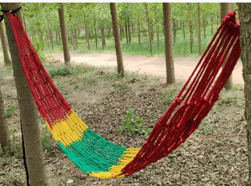 Nylon rope mesh hammock suspended outdoors showing 1.1m width and open construction