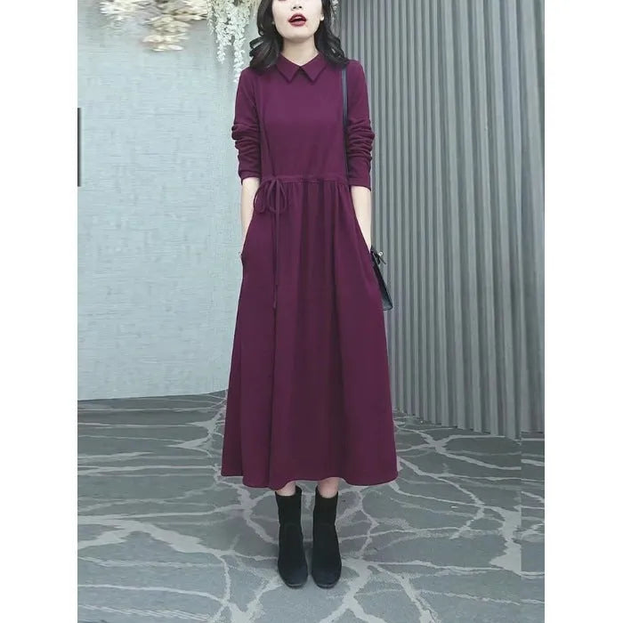 Women's purplish red long sleeve long skirt dress with extra long sleeves