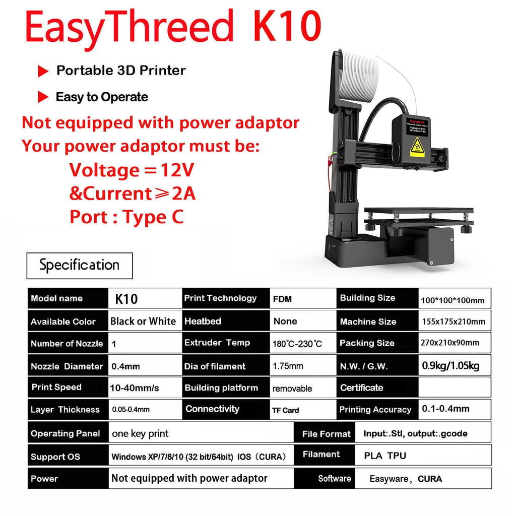 White EasyThreed K10 3D printer for TPU and PLA filaments with 175mm build volume