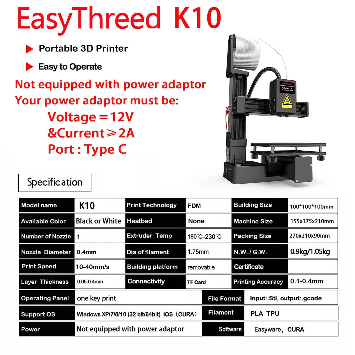 White EasyThreed K10 3D printer for TPU and PLA filaments with 175mm build volume