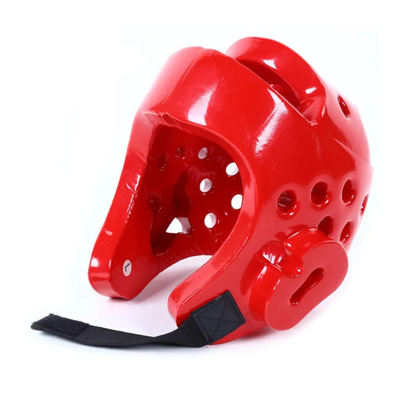 Martial arts protective gear set with red leg guards, helmet, and boxing gloves for karate training