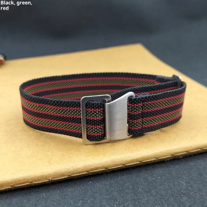Nylon parachute elastic watchband in multiple colours with metal buckle on white background