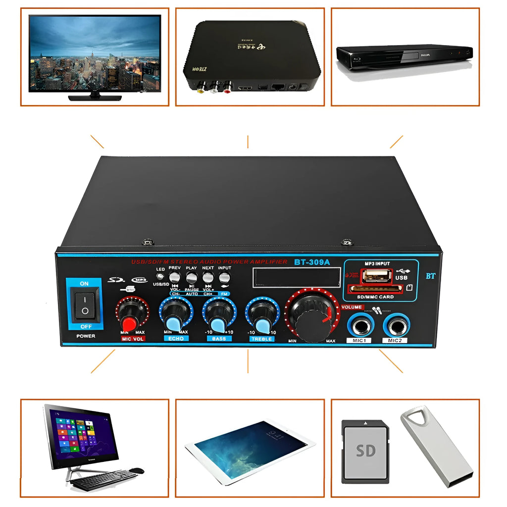 Black BT-309A-A dual-purpose Bluetooth power amplifier with remote control for home and car audio.