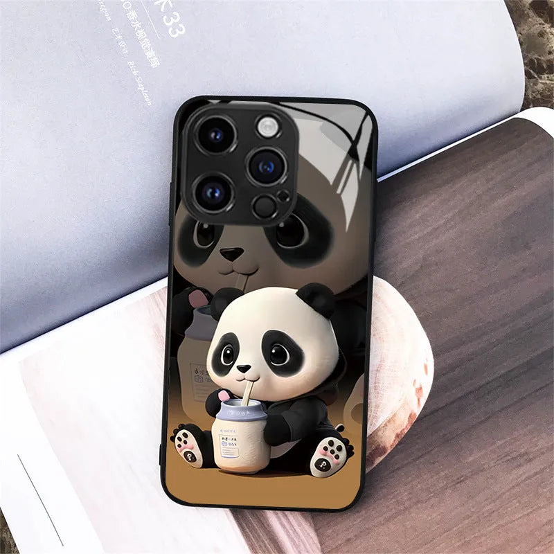 High-permeability glass phone case with painted cute panda artwork for iPhone 15 14 13 12 in black