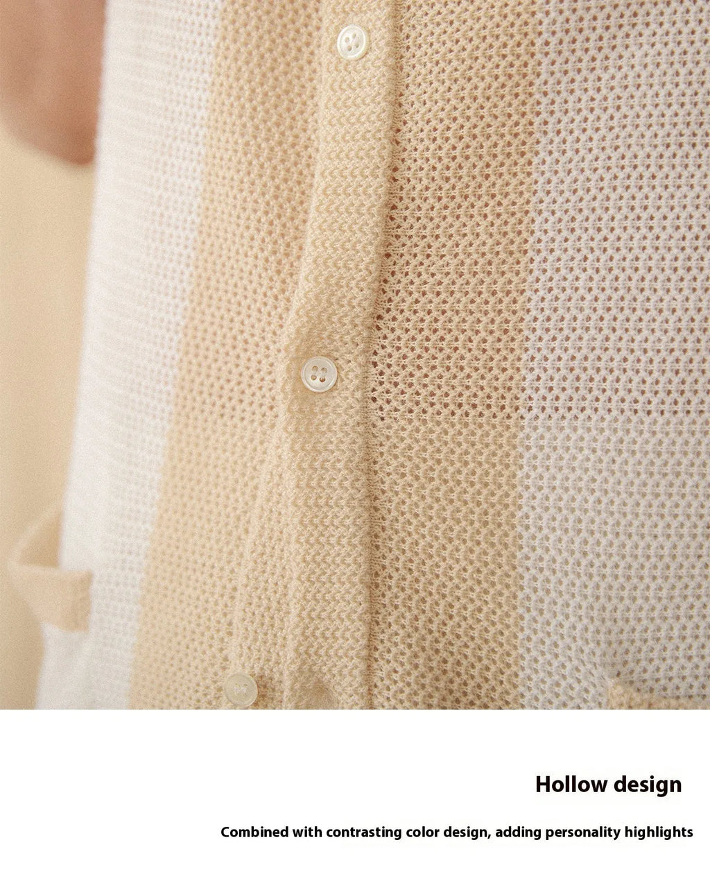Beige linen cotton blended lapel cardigan top with short sleeves on hanger