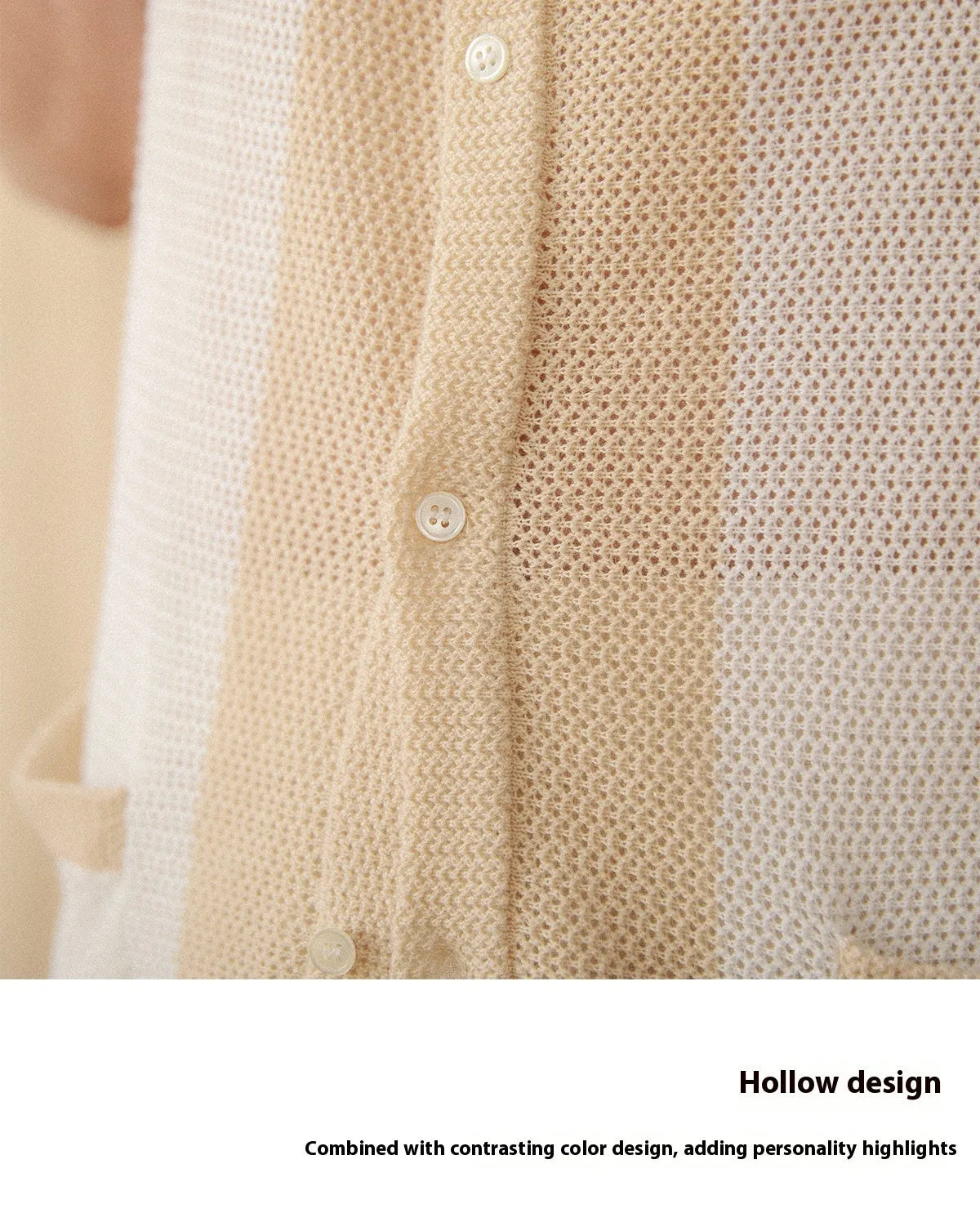 Beige linen cotton blended lapel cardigan top with short sleeves on hanger
