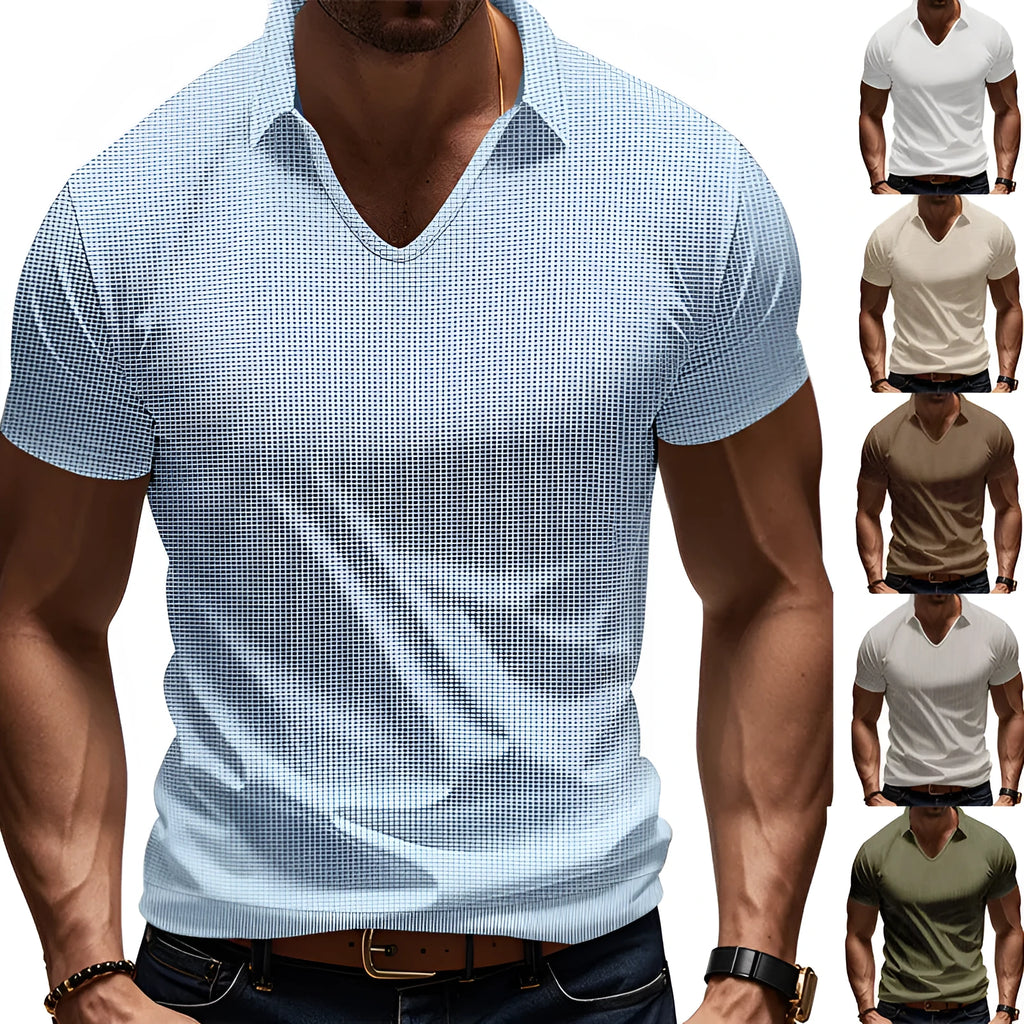 Men's loose fit V-neck T-shirt in apricot colour with short sleeves and cotton blend fabric