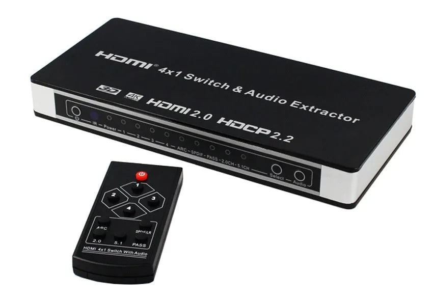 Black HDMI switch unit with four input and one output port, remote control, and power adapter.