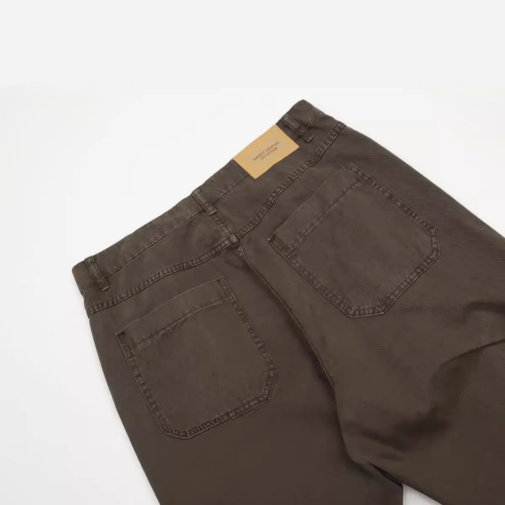 Men's loose straight wide leg jeans in brown and light khaki with high waist and zipper fly