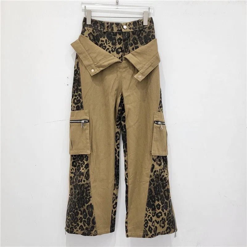 Retro high waist tooling jeans in dark khaki leopard print with contrast stitching and straight leg.