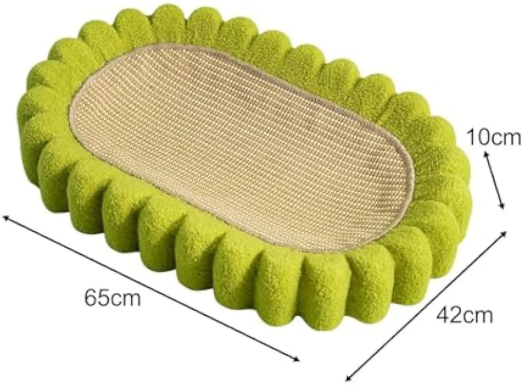 Green oval sisal cat scratch pad bowl serving as a cat bed and furniture protector.